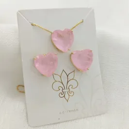conjunto coração pedra rosa