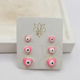 trio de brinco olho grego coração rosa