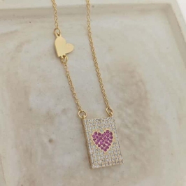 corrente coração rosa cravejado