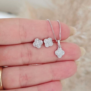 conjunto trevo cravejado rhodio