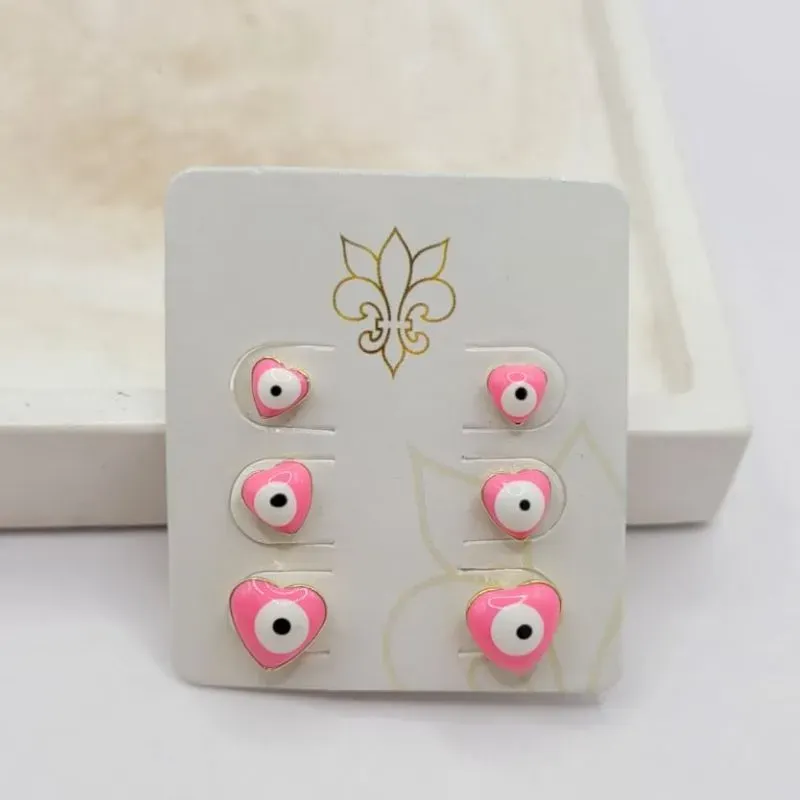 trio de brinco olho grego coração rosa