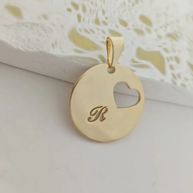pingente medalha coração letra R