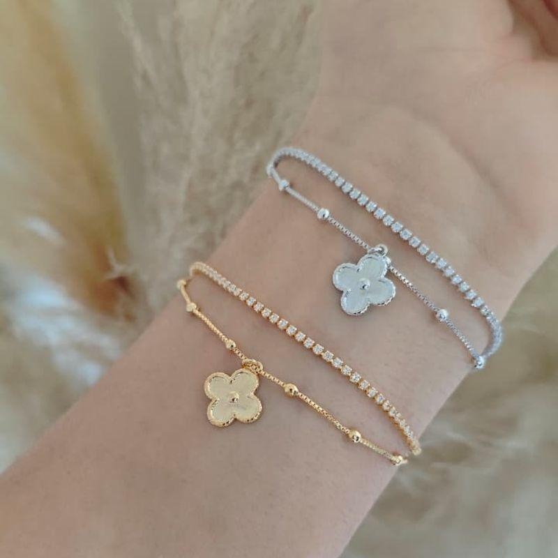 pulseira dupla riviera e trevo rhodio