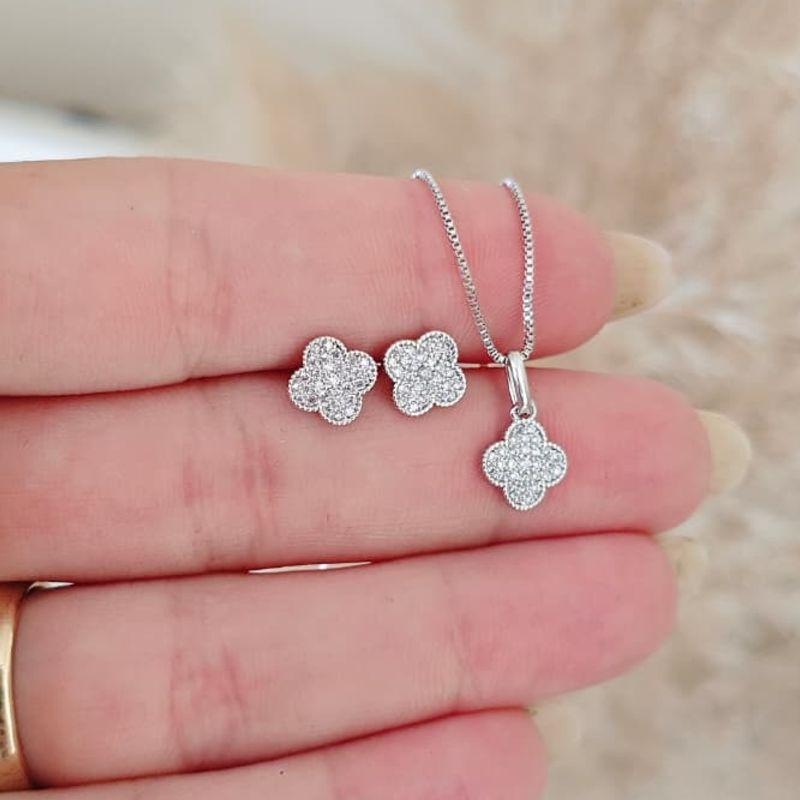 conjunto trevo cravejado rhodio