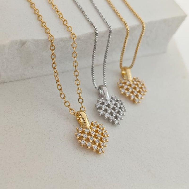 corrente coração quadriculado com zirconia