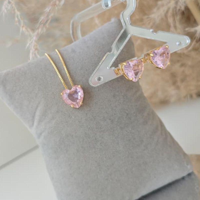 conjunto coração de cristal rosa