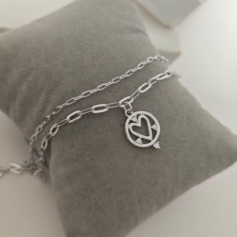 pulseira dupla coração 4 pedras rhodio