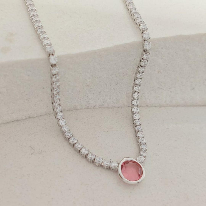 chocker riviera com cristal rosa rhodio
