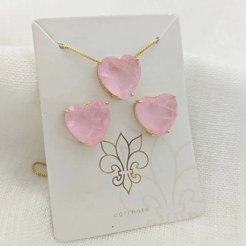 conjunto coração pedra rosa