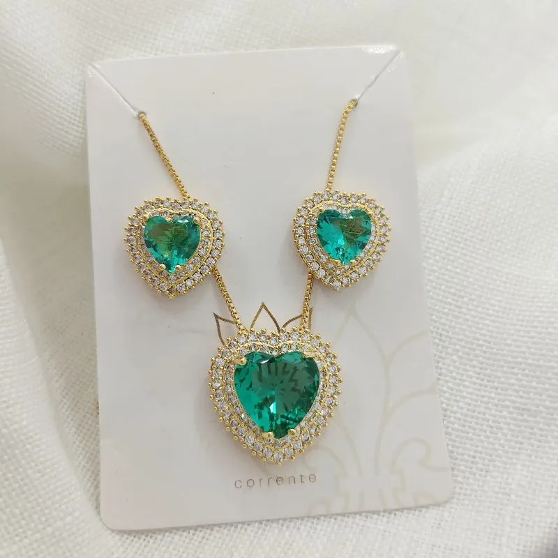 conjunto coração verde com zirconia