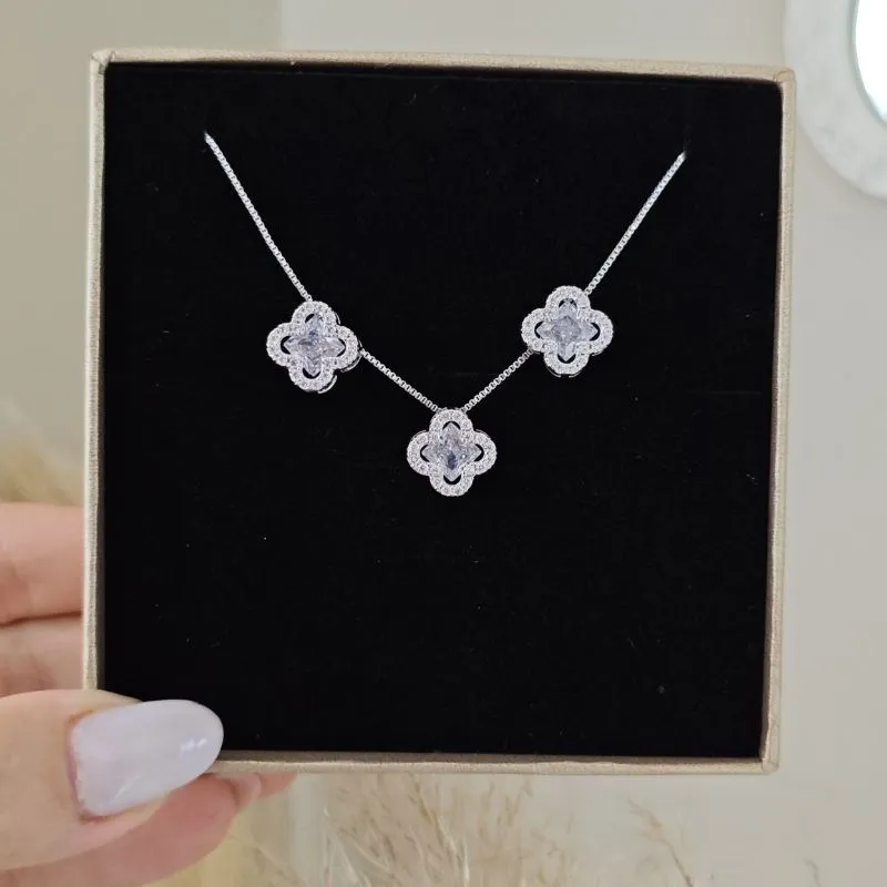 conjunto trevo pedra crystal em rhodio