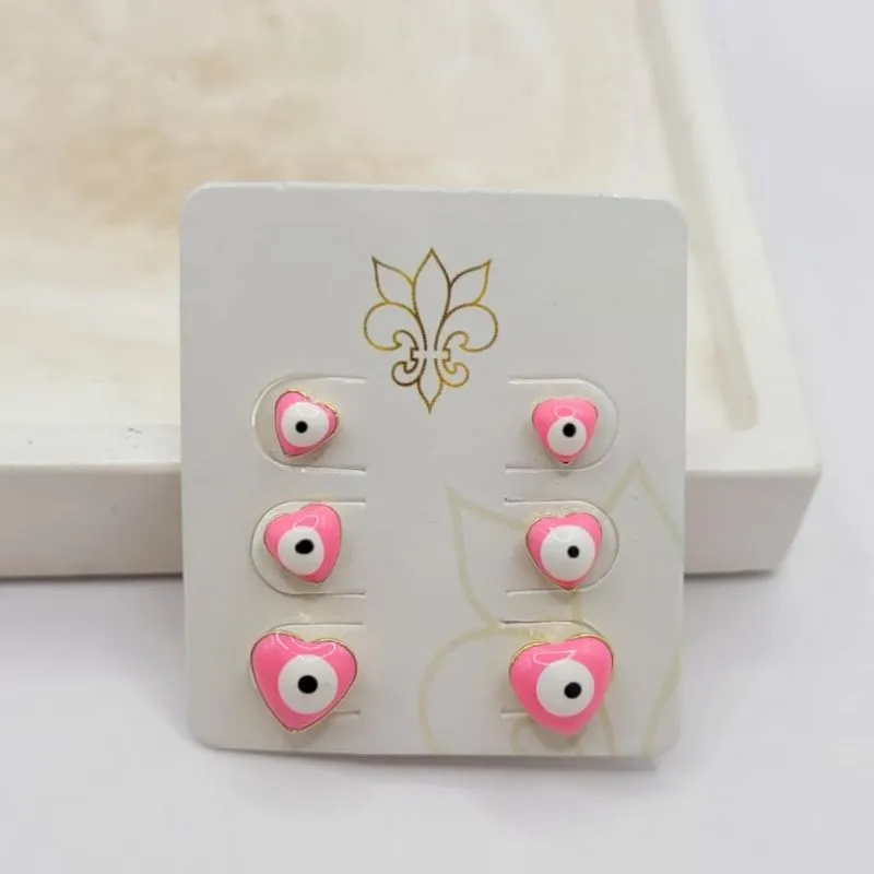 trio de brinco olho grego coração rosa