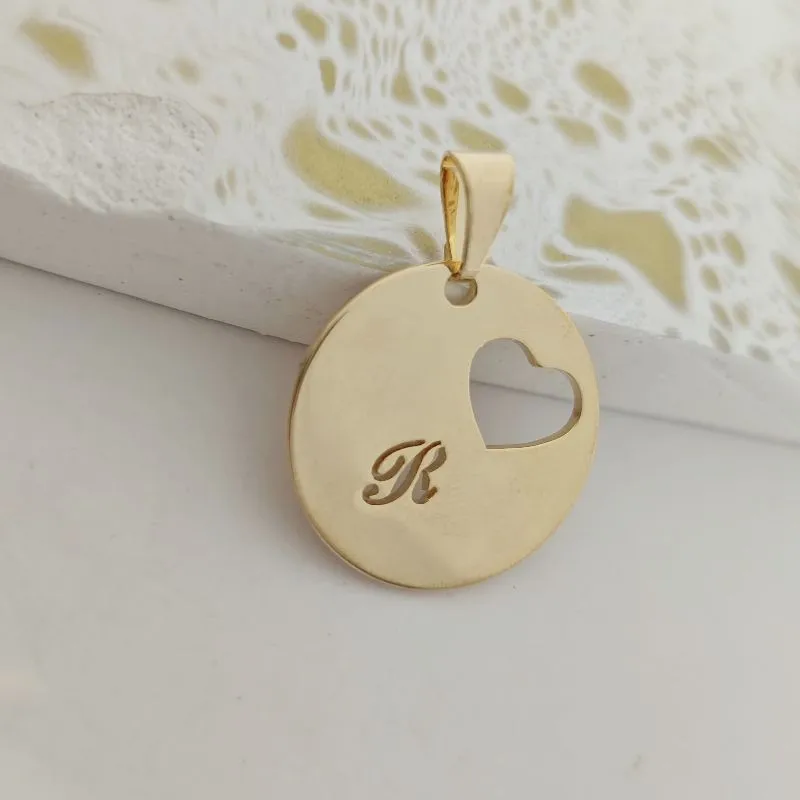 pingente medalha coração letra R