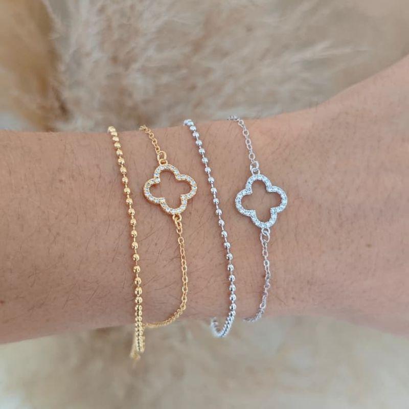 pulseira dupla de bolinhas e trevo rhodio