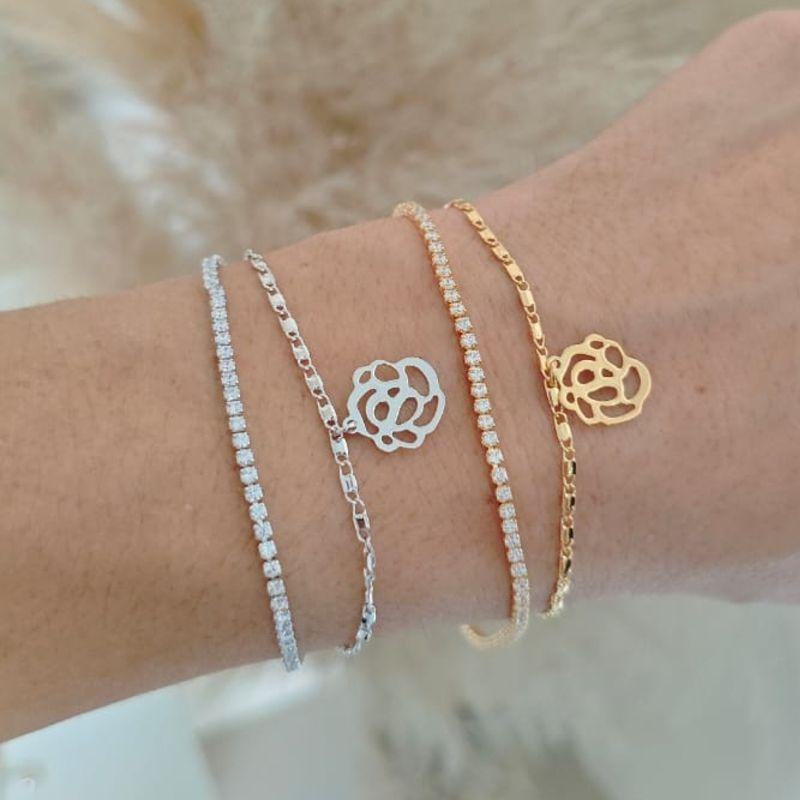 pulseira dupla riviera e flor rhodio