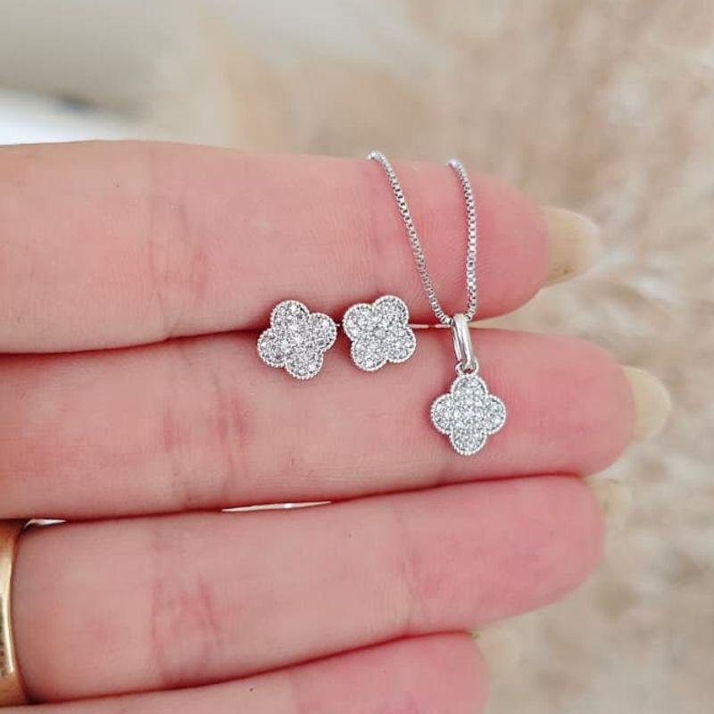 conjunto trevo cravejado rhodio