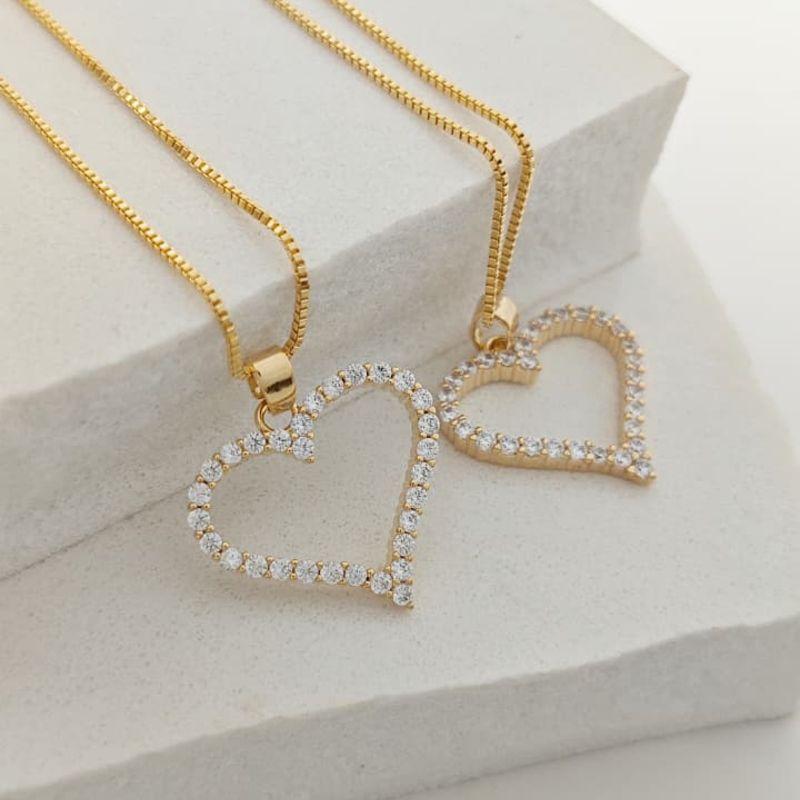 corrente coração vazado cravejado