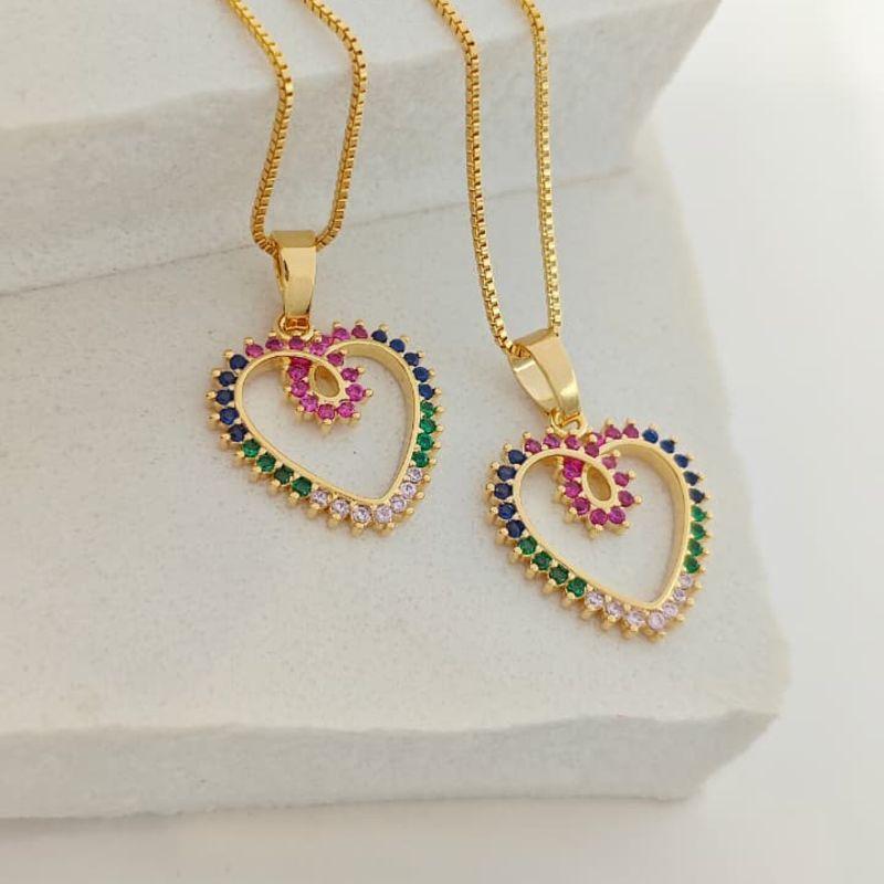 corrente coração vazado pedra colorida