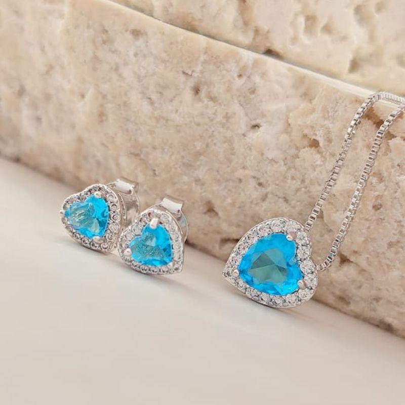 conjunto coração azul borda cravejada rhodio