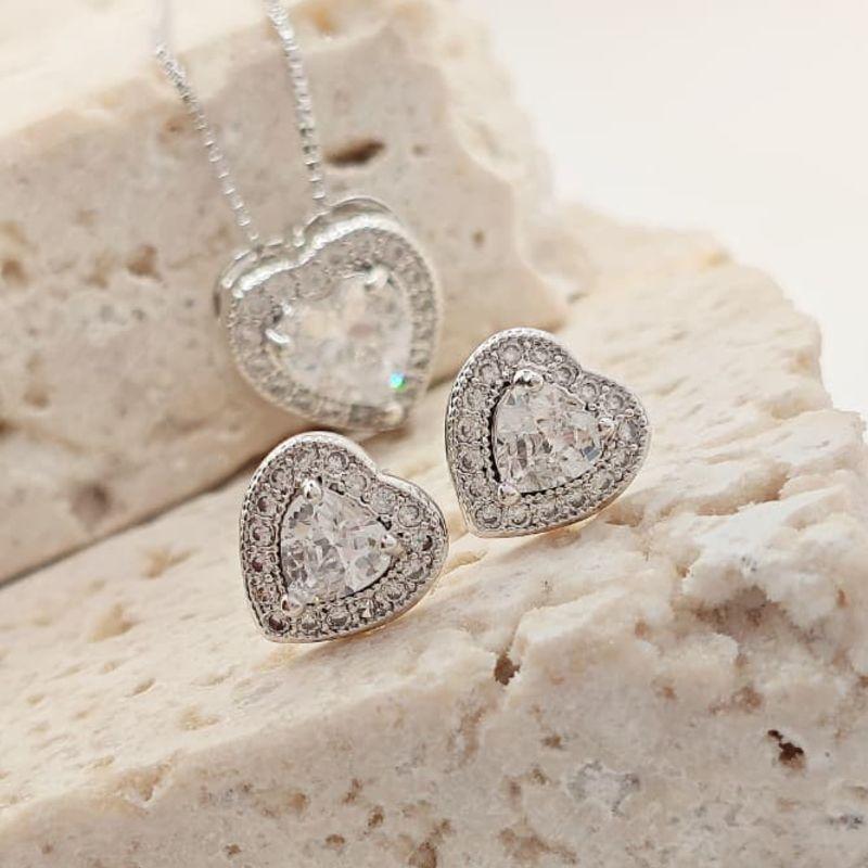 conjunto coração de cristal borda cravejada rhodio