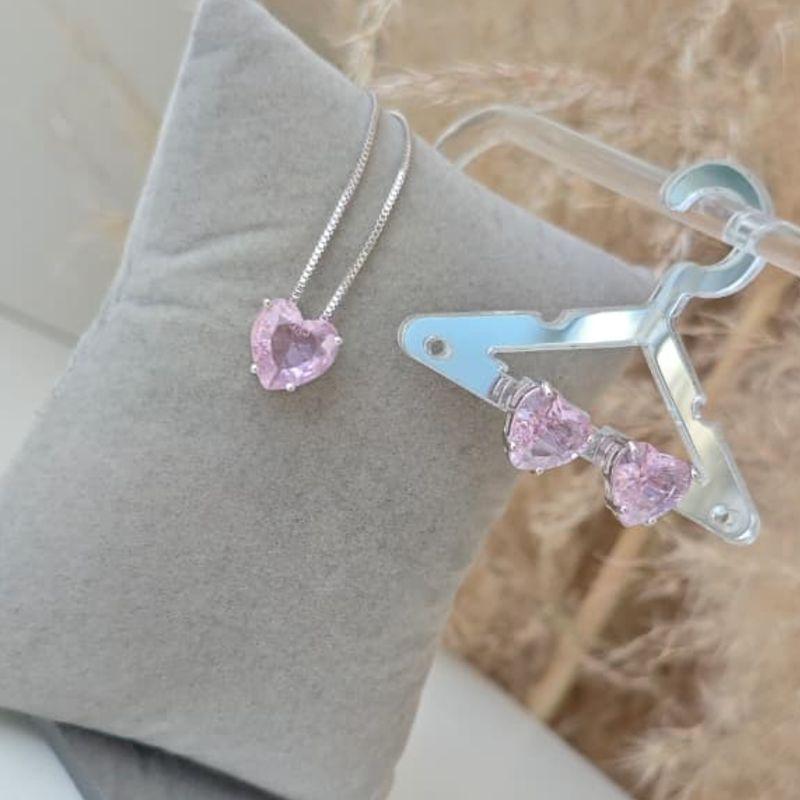 conjunto coração de cristal rosa rhodio