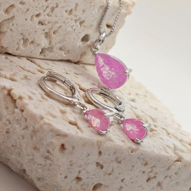 conjunto gota de cristal rosa rhodio