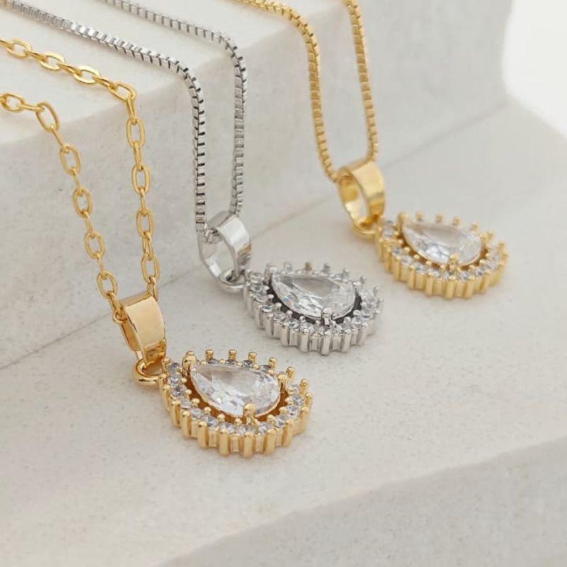 corrente gota de cristal com zirconia rhodio