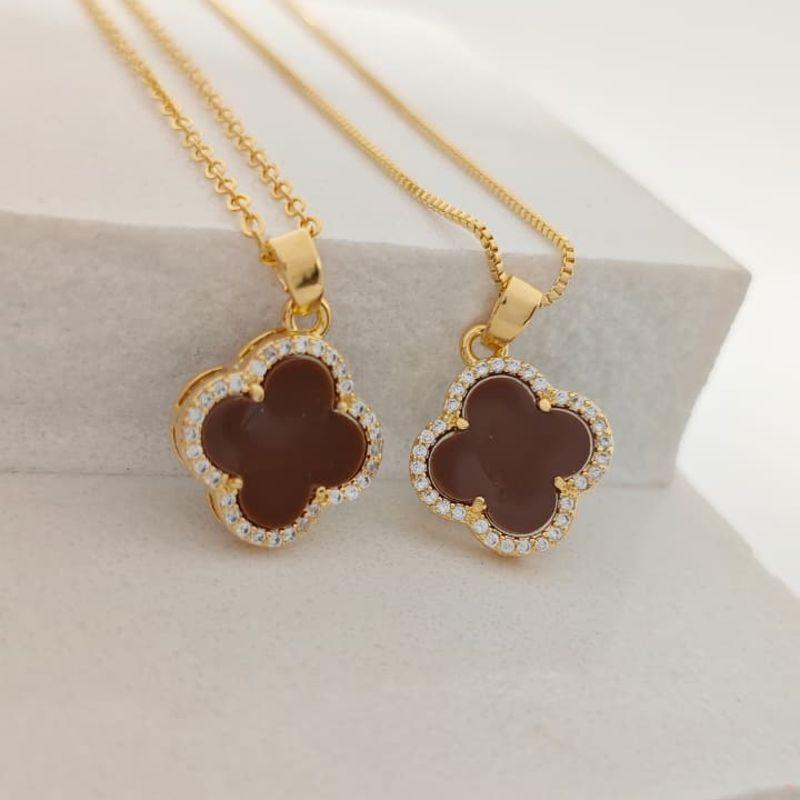 corrente trevo marrom com zirconia