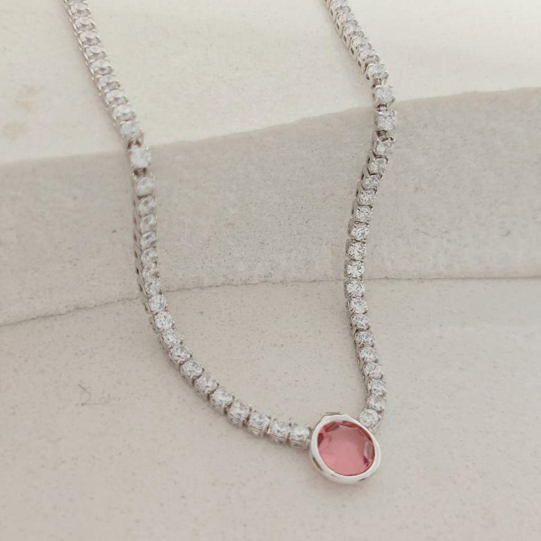 chocker riviera com cristal rosa rhodio